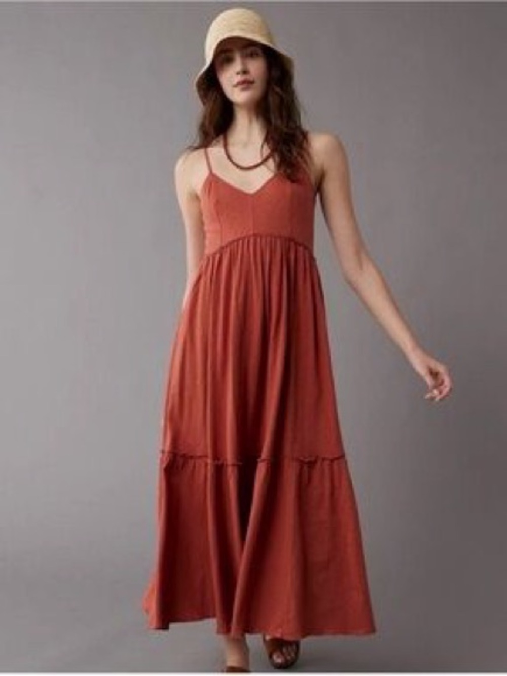 American Eagle Rust Tiered Knit Maxi Dress, Size S
